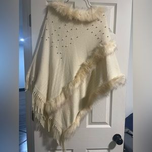 Cream Poncho with decoration of fur and beadings. Size L/XL. Excellent used cond